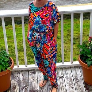 Vintage Express Colorful Y2K 90s Retro Watercolor Floral Genie Pants Set M/L